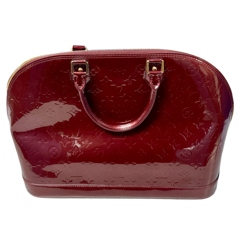 Louis Vuitton Vernis Alma GM Monogram Handbag w/ Dust Bag & Box - Red handbag with gold handle on a white background