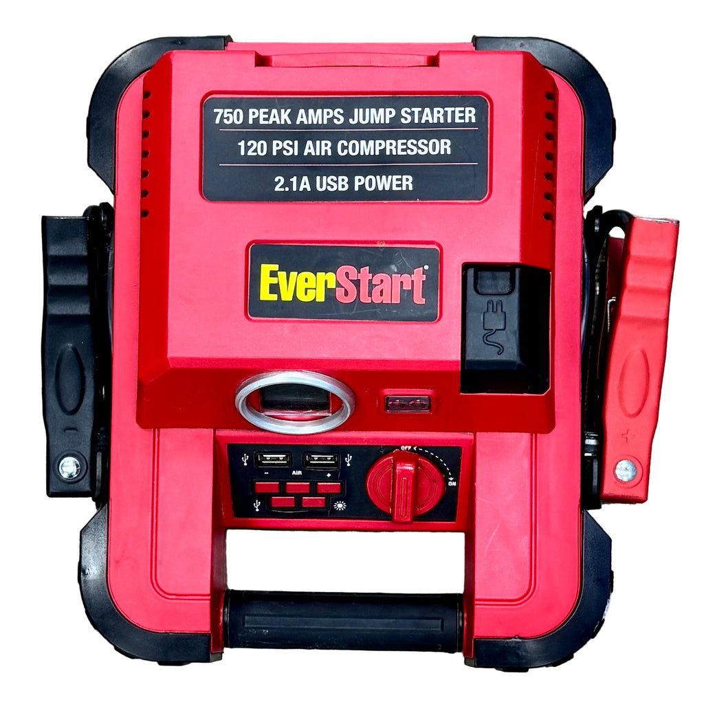 EverStart 750 Peak Amps Jump Starter / 120 PSI Air Compressor / 2.1A USB Power (JUS750CE) Red EverStart power station with jump starter, air compressor, and USB ports on a white background