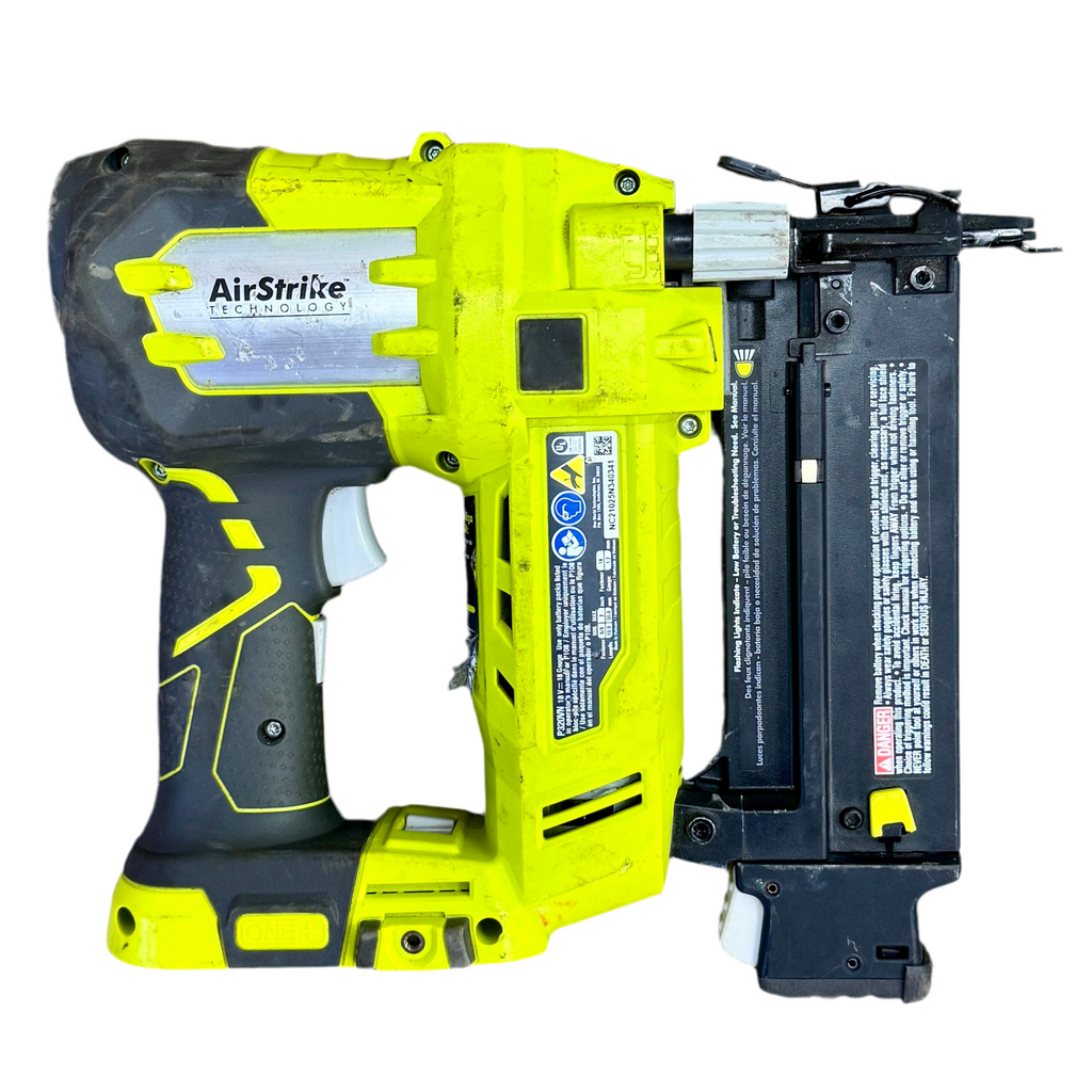 RYOBI ONE+ AirStrike 18V 18-Gauge 2" Cordless Brad Nailer w/ Battery (P320VN) Yellow and black nail gun with Airstrike technology on a white background