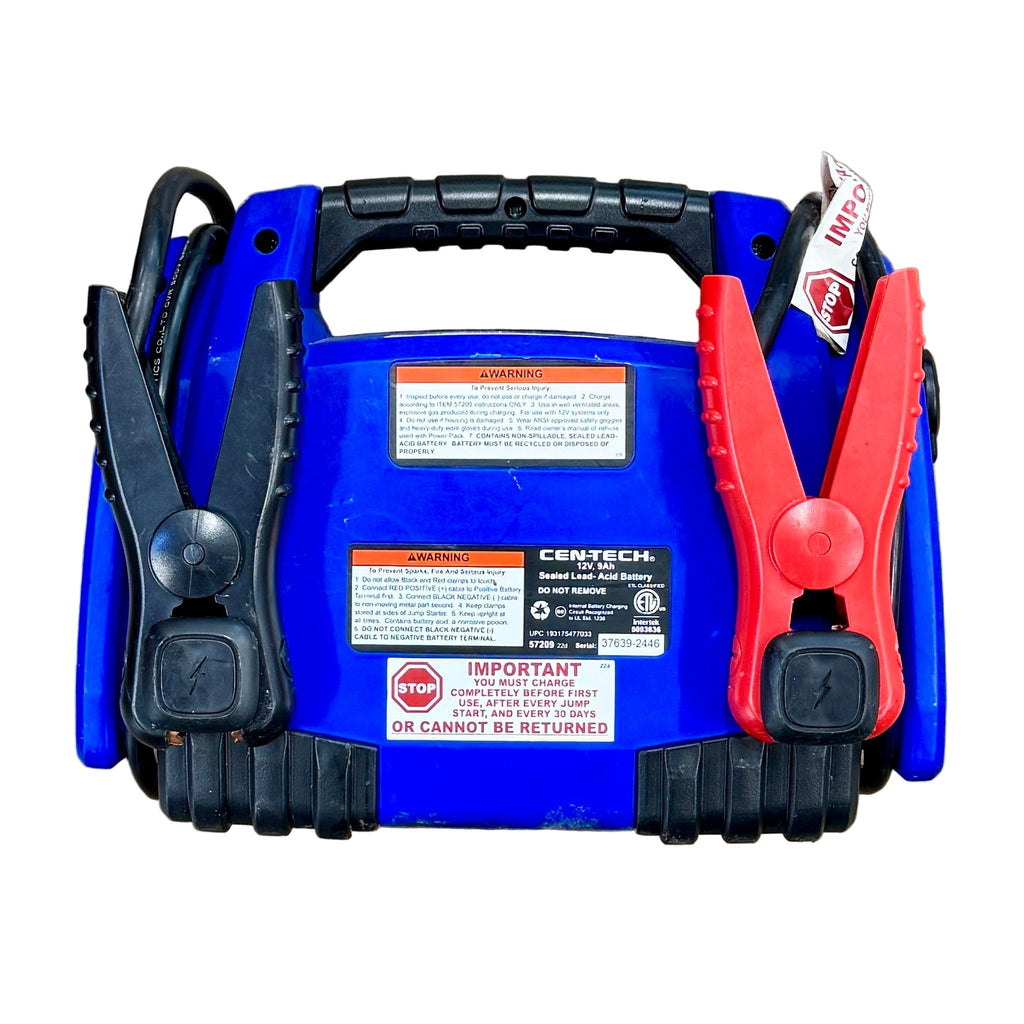 CEN-TECH 750 Peak Amp Portable Car Battery Jump Starter and Power Pack (57209) Blue jump starter with red clamps on a white background