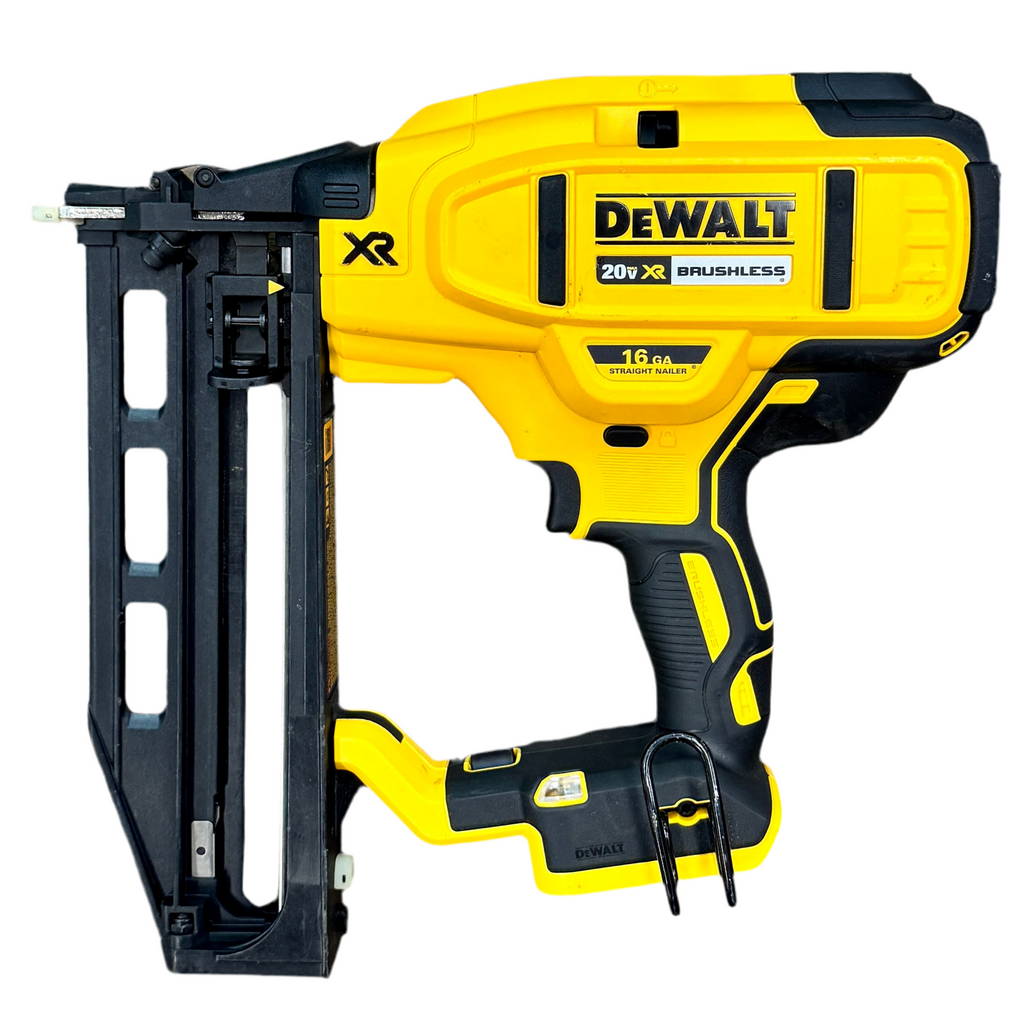 DeWalt 20V MAX XR 16-Gauge 2-1/2" Brushless Cordless Straight Finish Nailer w/ Battery & Charger (DCN662) Yellow and black DEWALT nail gun on a white background