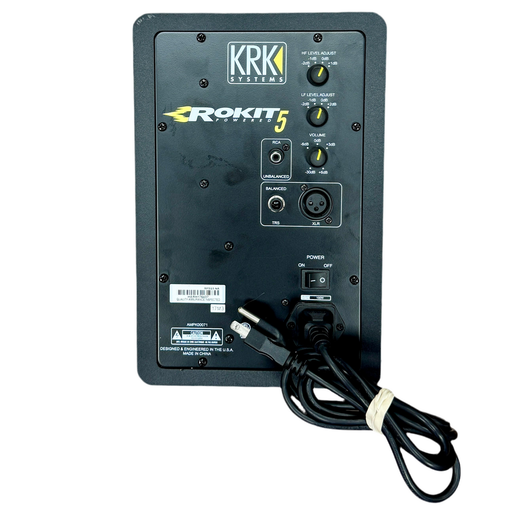KRK Systems ROKIT 5 Powered Studio Monitor Back view of a KRK Rokit 5 speaker with control panel and power cord on a white background