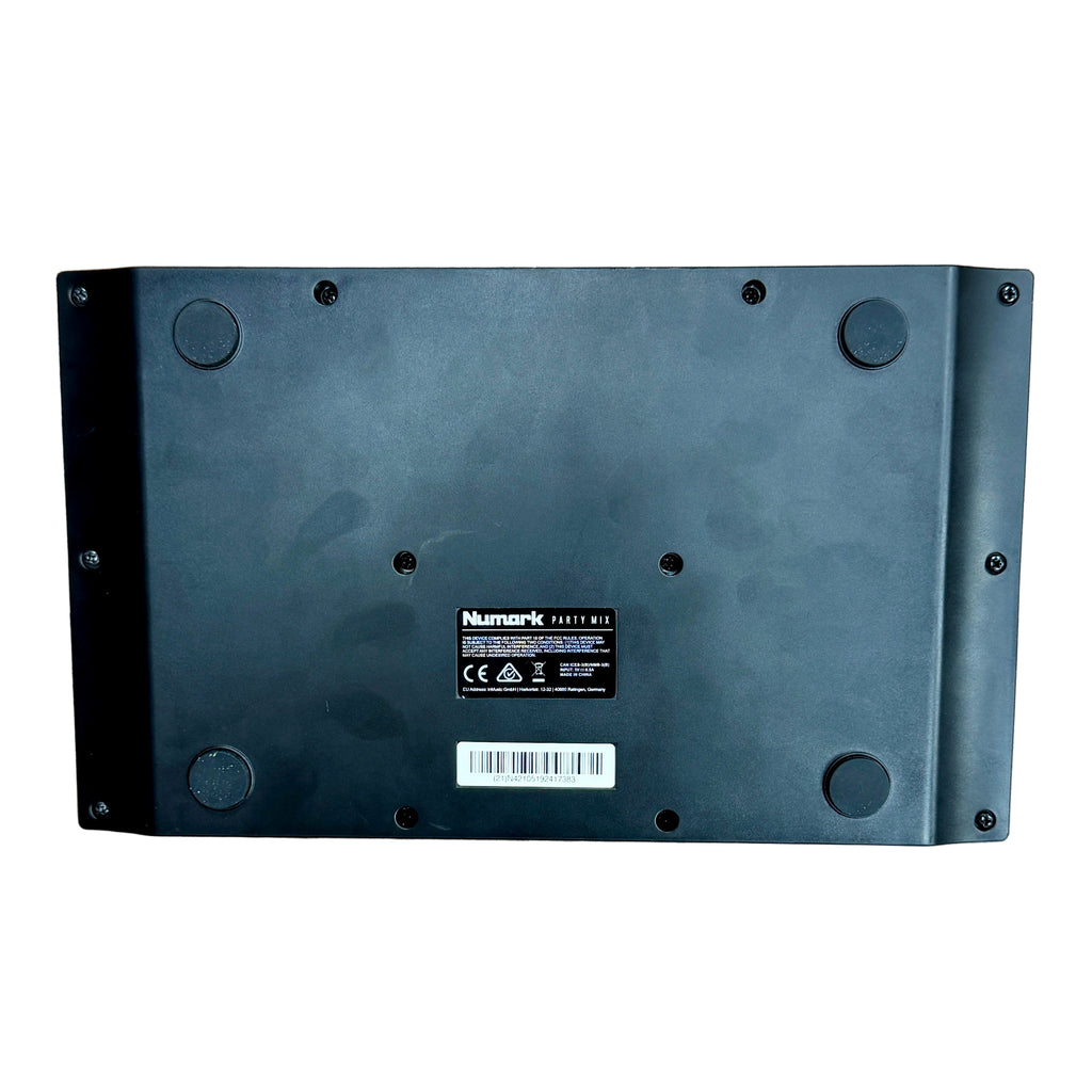 Numark Party Mix II DJ Controller with Built-In Light Show Black rectangular device with 'Numark' branding on a wooden surface