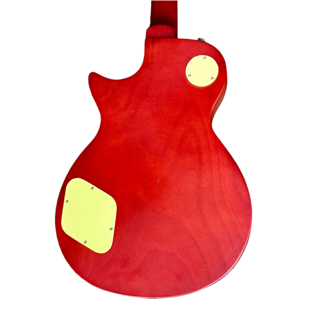 Bad Cat Instruments Les Paul Style Electric Guitar Red electric guitar body with yellow pickguard on a white background