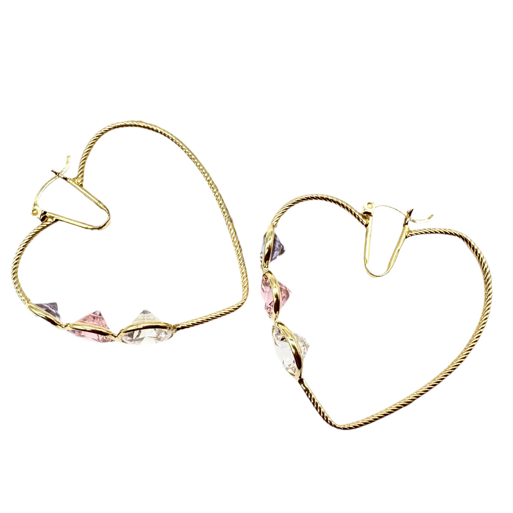 14K Yellow Gold Pastel Stone Ribbed Heart Earrings