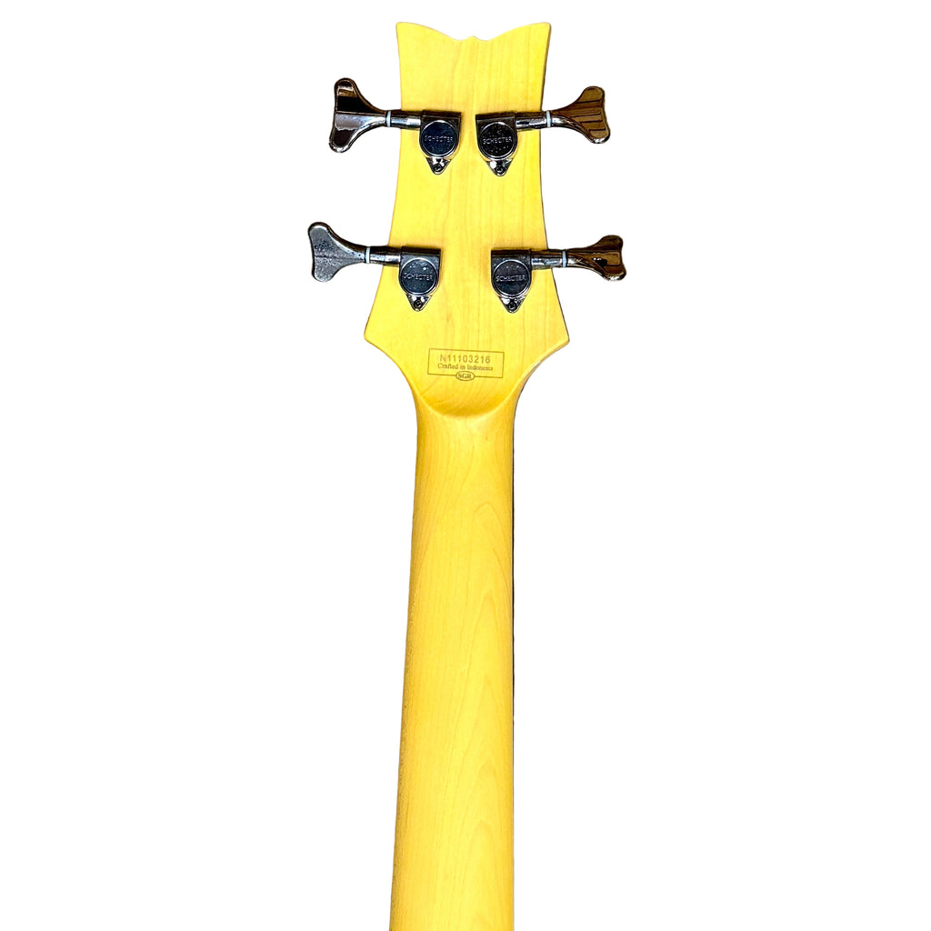 Schecter Diamond Series RAIDEN SPECIAL-4 Electric Bass Guitar (Missing 1st String) Yellow guitar neck with tuning pegs on a white background