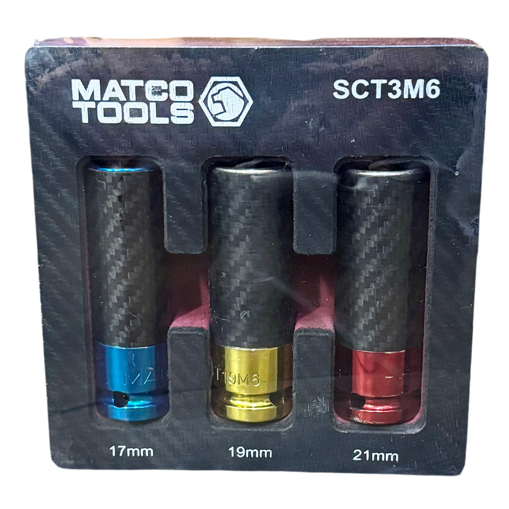 MATCO TOOLS 3-Piece 1/2" Drive Metric 6 Point Thin Wall Wheel Socket Set (SCT3M6) Matco Tools SCT3M6 socket set packaging with three sockets in different sizes.