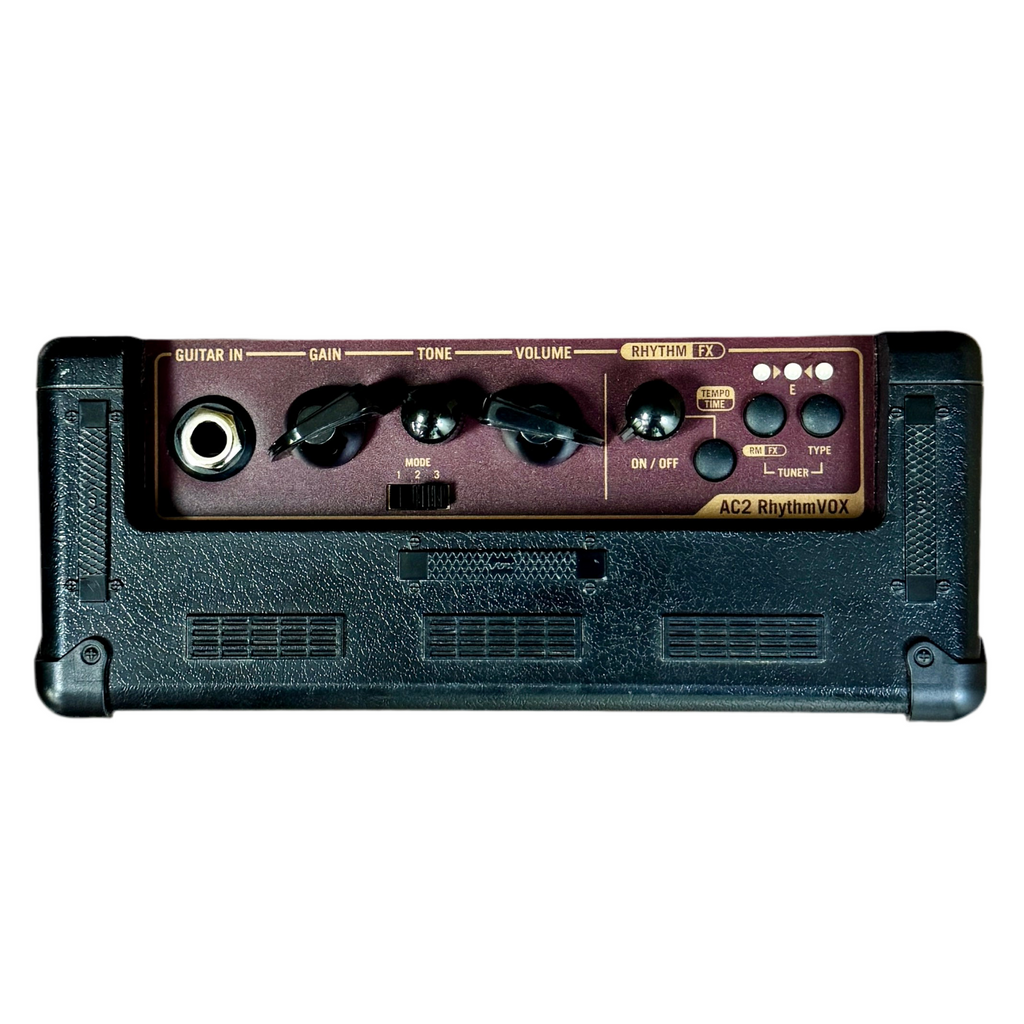 VOX AC2 RhythmVOX Mini Guitar Amplifier Guitar effects pedal with control knobs and labels on a white background