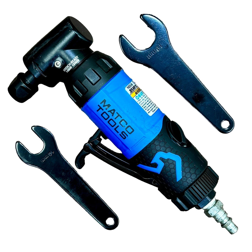 MATCO TOOLS .85 HP Pneumatic Right Angle Die Grinder - Blue (MT5883B) Blue and black air tool with wrenches on a white background
