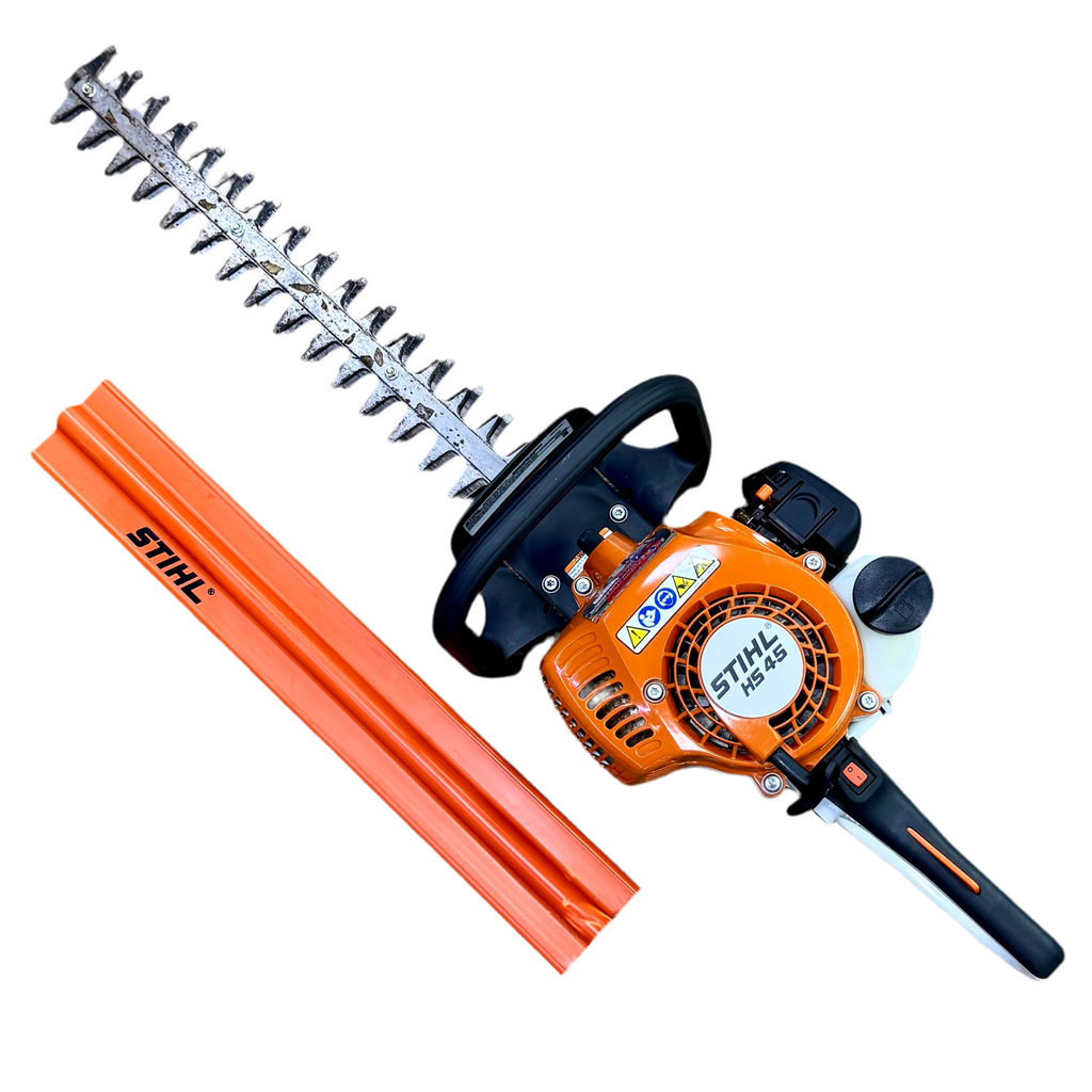 STIHL HS 45 HomeScaper Series 1.01 bhp 27.2 cc 18" Blade Gas-Powered Hedge Trimmer Stihl hedge trimmer with two additional cutting units on a white background