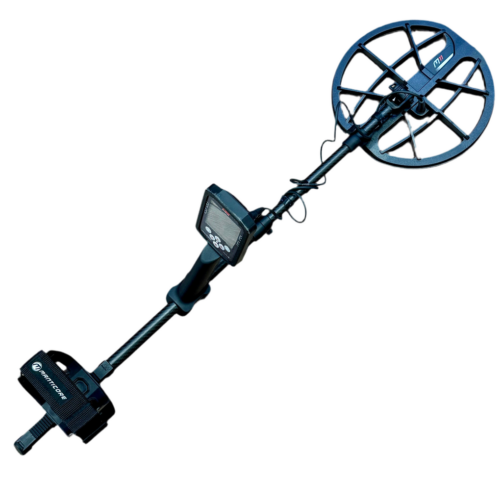 Minelab MANTICORE M11 Metal Detector w/ Headphones Metal detector with a large search coil on a white background