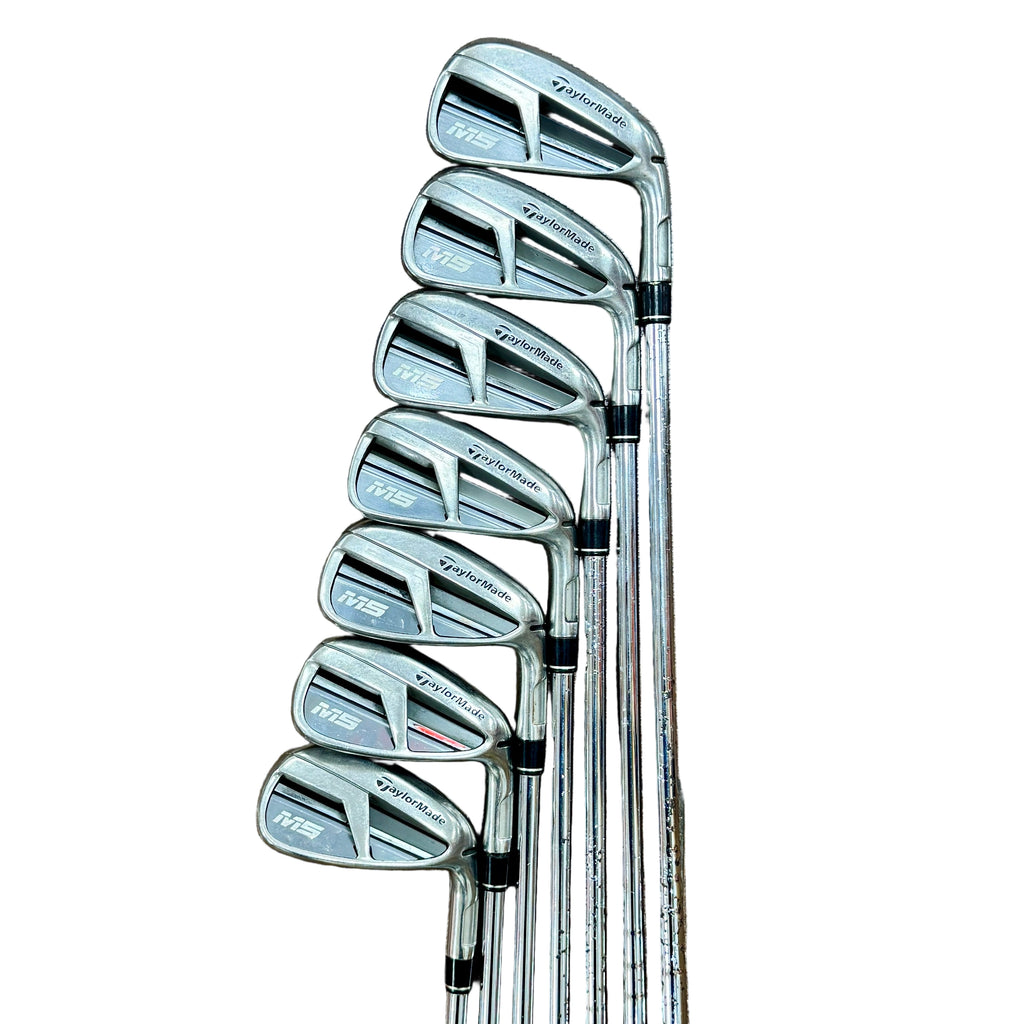 TaylorMade M5 7-Piece Iron Set RH Golf Clubs (4-9, P) Set of golf clubs on a wooden floor