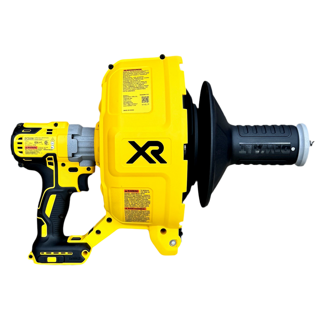 DeWalt 20V MAX XR Brushless Cordless Drain Snake w/ Battery, Charger, & Hard Case (DCD200) Yellow and black cordless drill with 'XR' branding on a white background