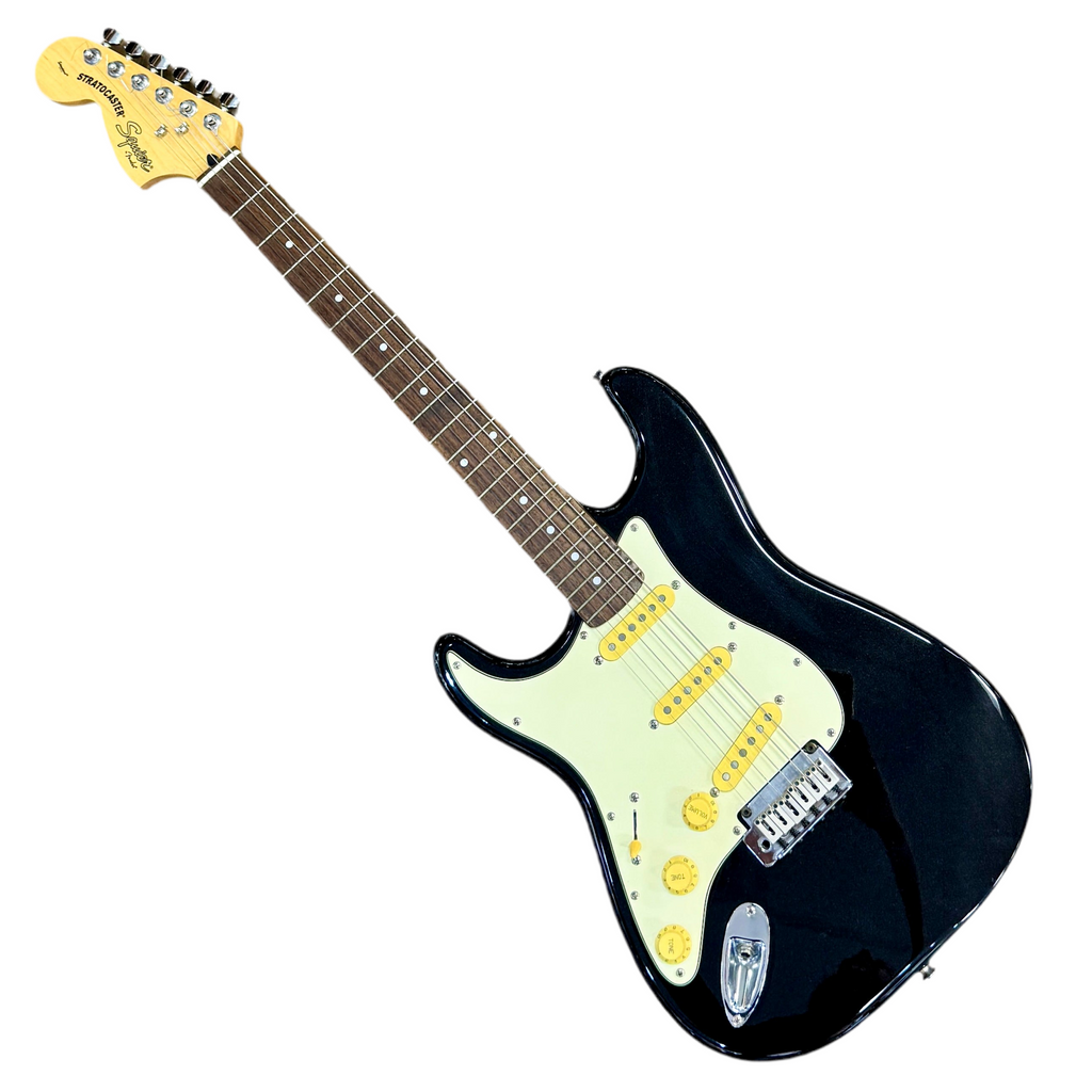 Fender Squier Standard Series Stratocaster Left-Handed Electric Guitar w/ Soft Case Black electric guitar with a white pickguard on a white background