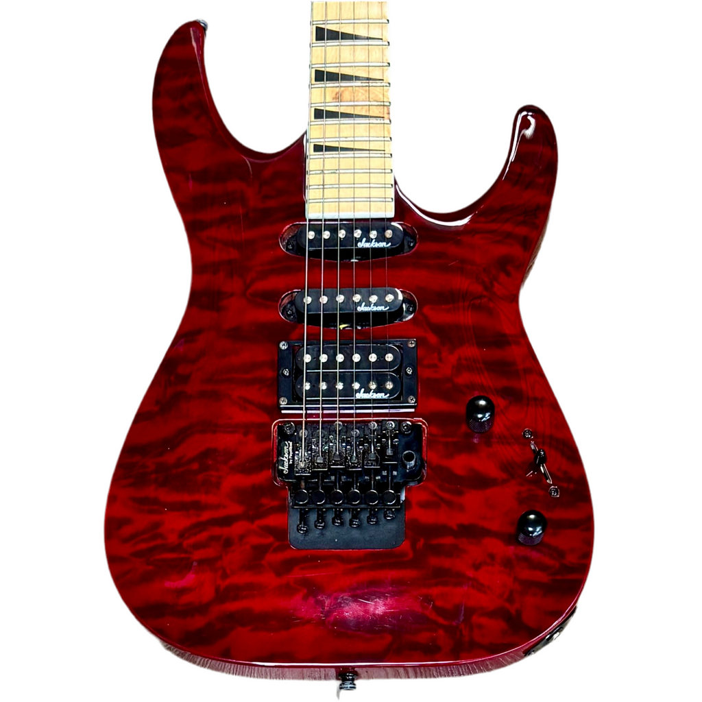 Jackson JS34Q Dinky DKAM Electric Guitar w/ Hard Case Red electric guitar with a white background