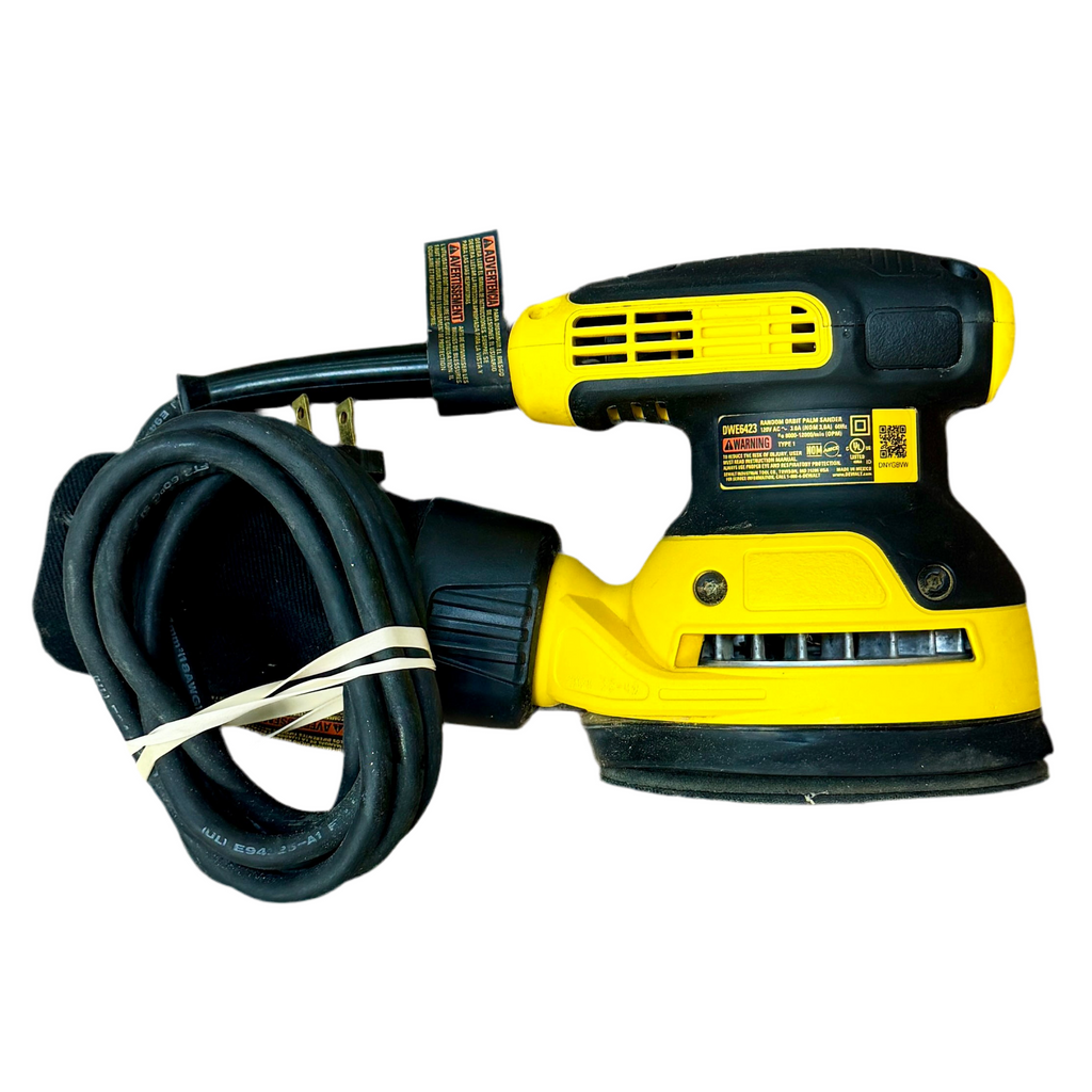 DeWalt 3-Amp 5" Corded Variable-Speed Random Orbital Sander (DWE6423) Yellow and black corded sander on a white background