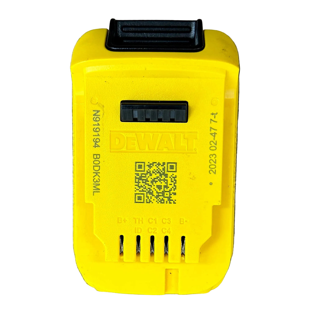 DeWalt 20V MAX POWERSTACK 1.7Ah Lithium Ion Compact Battery Pack (DCBP034) Yellow Dewalt battery on a textured gray surface