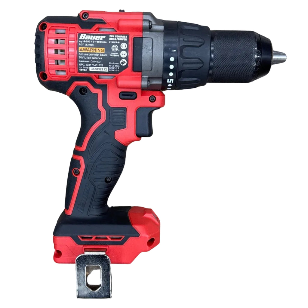 BAUER 20V 1/2" Brushless Cordless Drill/Driver w/ Battery & Charger (2191CR-B) Red and black cordless drill on a wooden surface