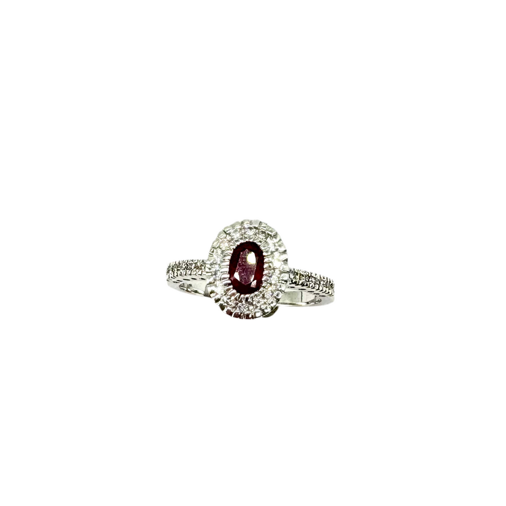 18K White Gold 1/4 CTW Diamond Oval Ruby Halo Bezel Ring