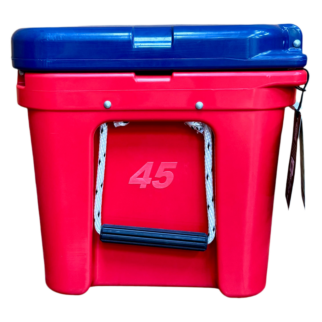 YETI Tundra 45 Hard Cooler - Limited Edition Red, White, & Blue 2024 Red cooler with blue lid and '45' logo on a white background