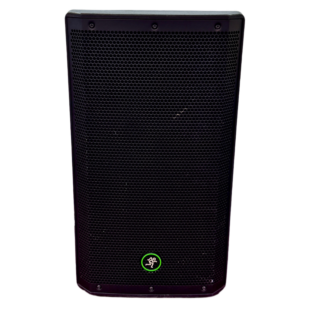 Black speaker with a brand logo on a white background