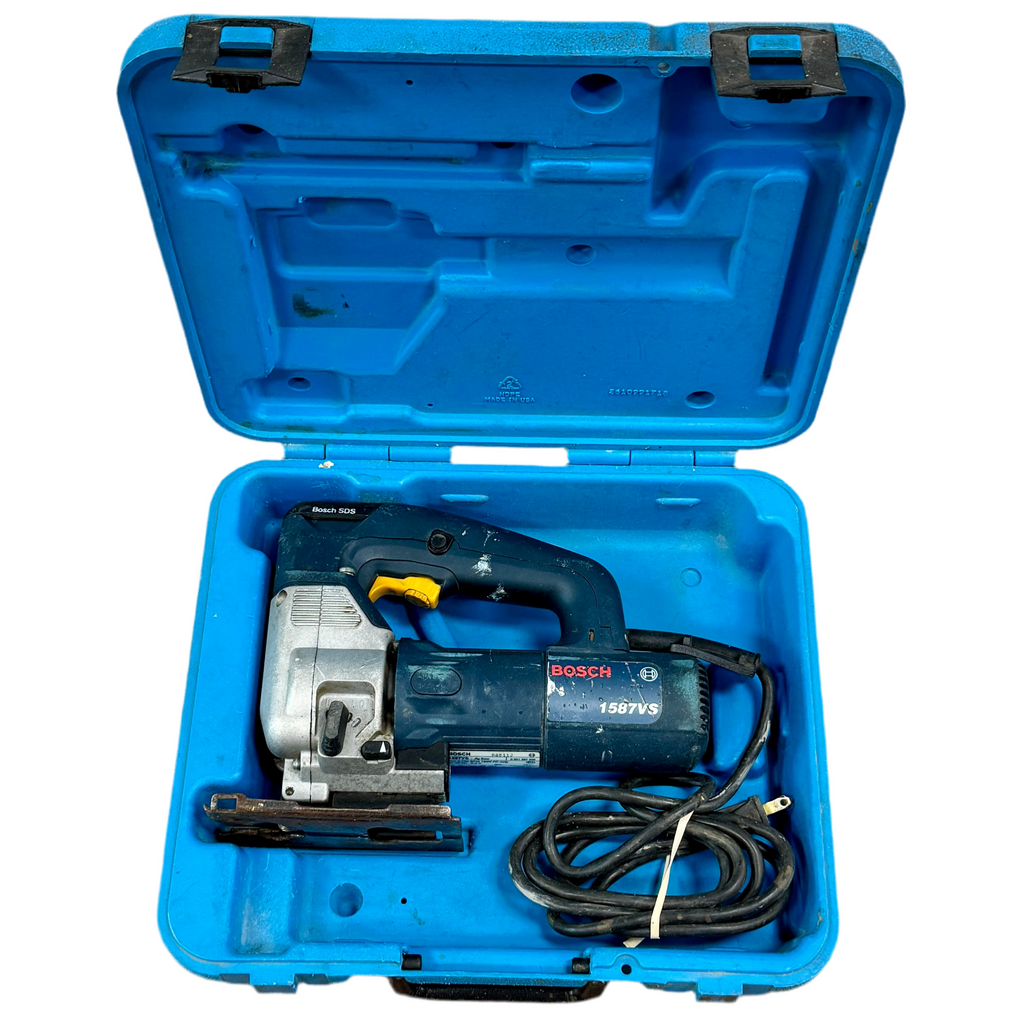 Bosch power tool in a blue carrying case on a white background