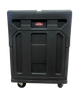 Black portable case with a brand logo on a white background