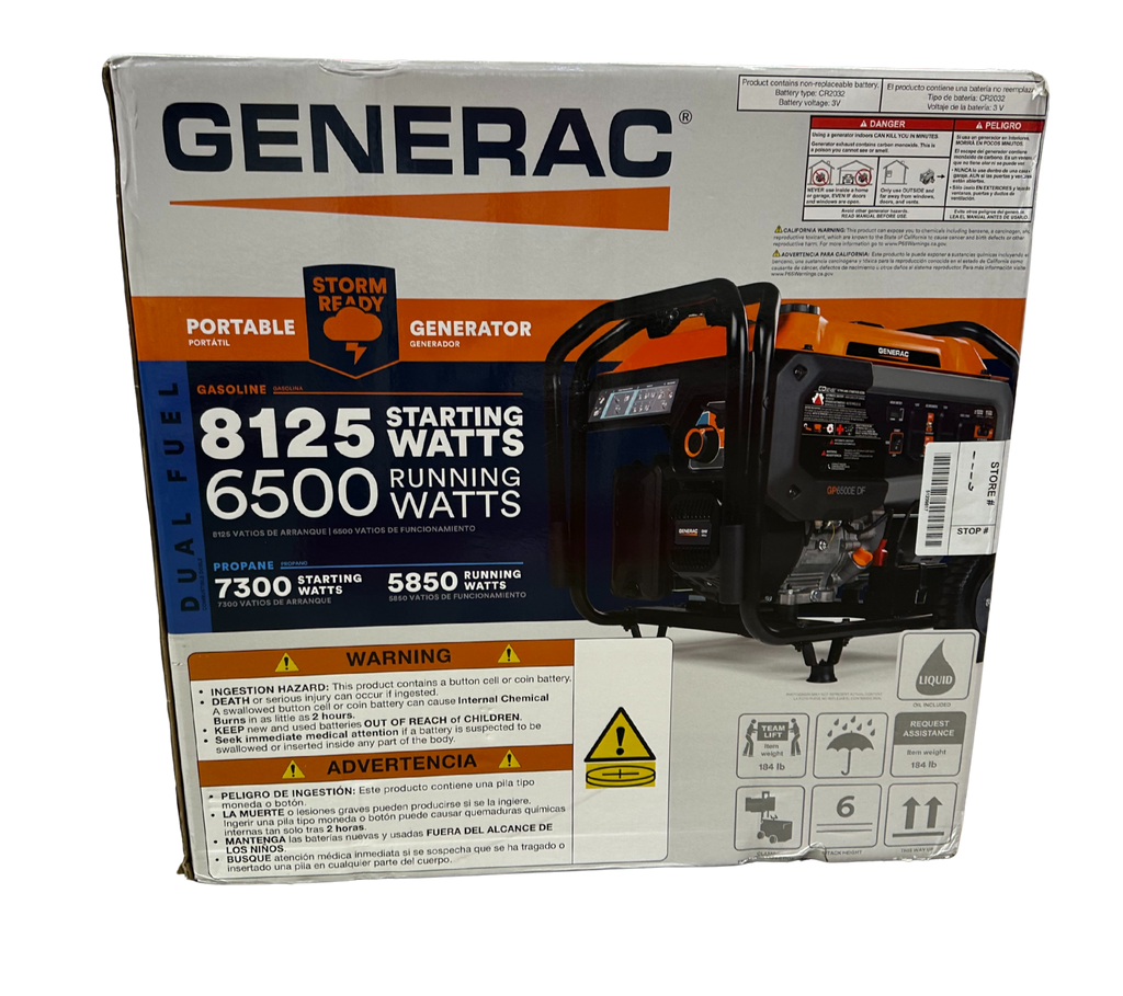 Generac portable generator packaging with specifications on a white background