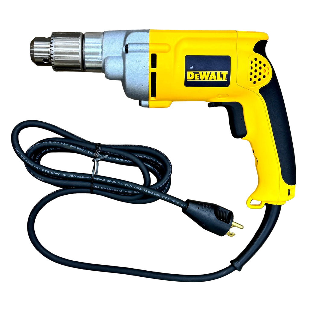 DeWalt 8.5-Amp 1/2" Corded VSR Drill (DW235G) Yellow and gray Dewalt drill with a coiled black cable on a white background