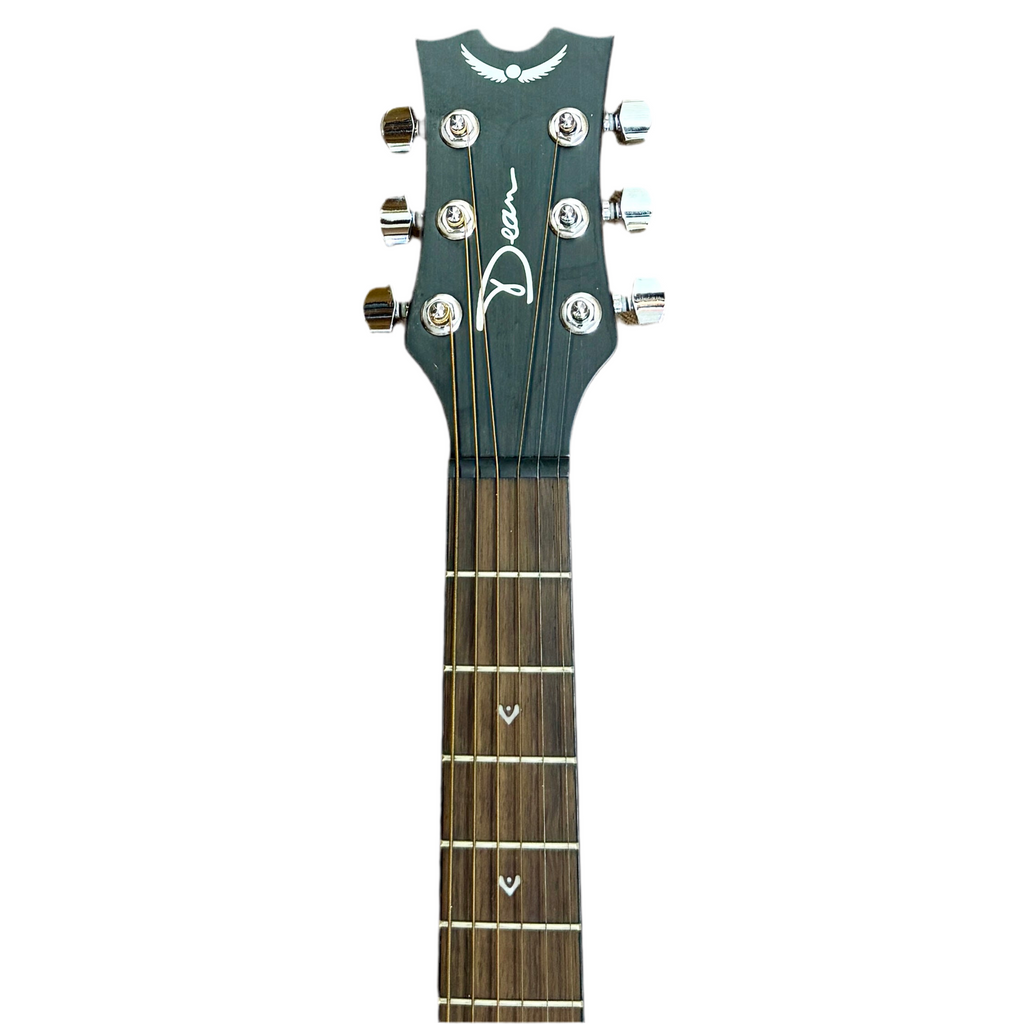 Dean FLY MAH Flight Mahogany Travel Acoustic Guitar headstock with brand logo on a white background