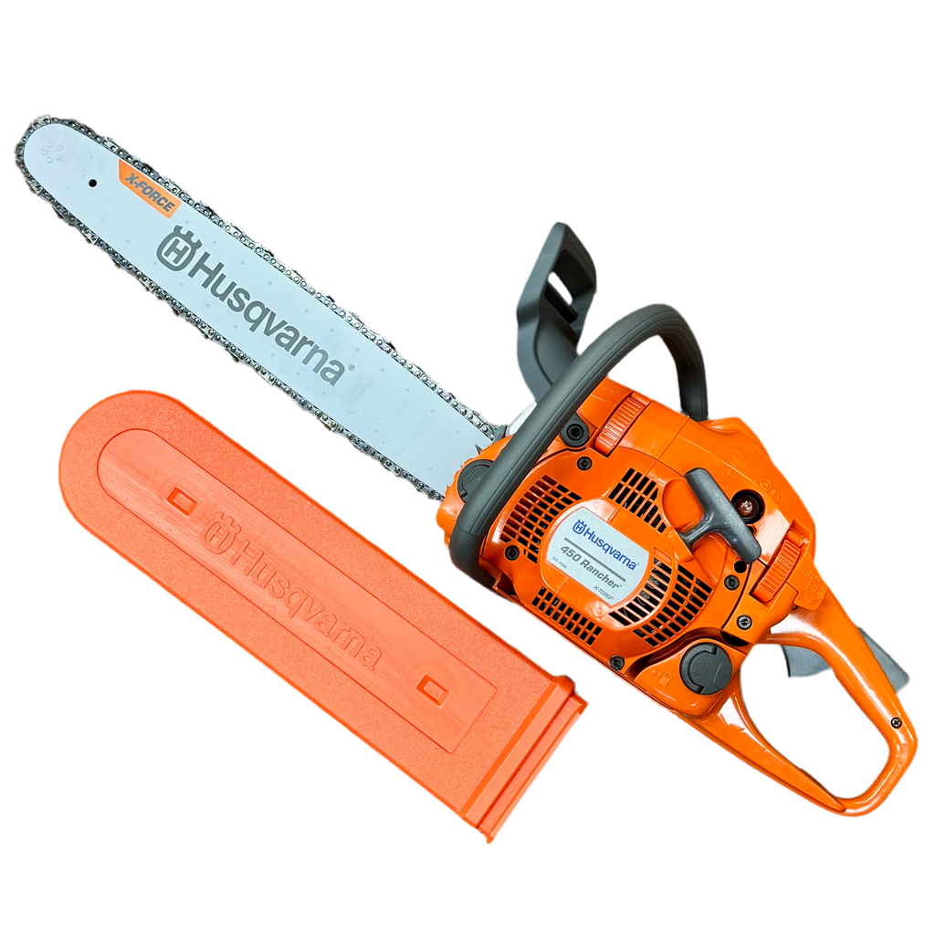 Husqvarna 450 Rancher 50.2-cc 2-Cycle 20" Guide Bar Gas-Powered Chainsaw Orange Husqvarna chainsaw on a white background
