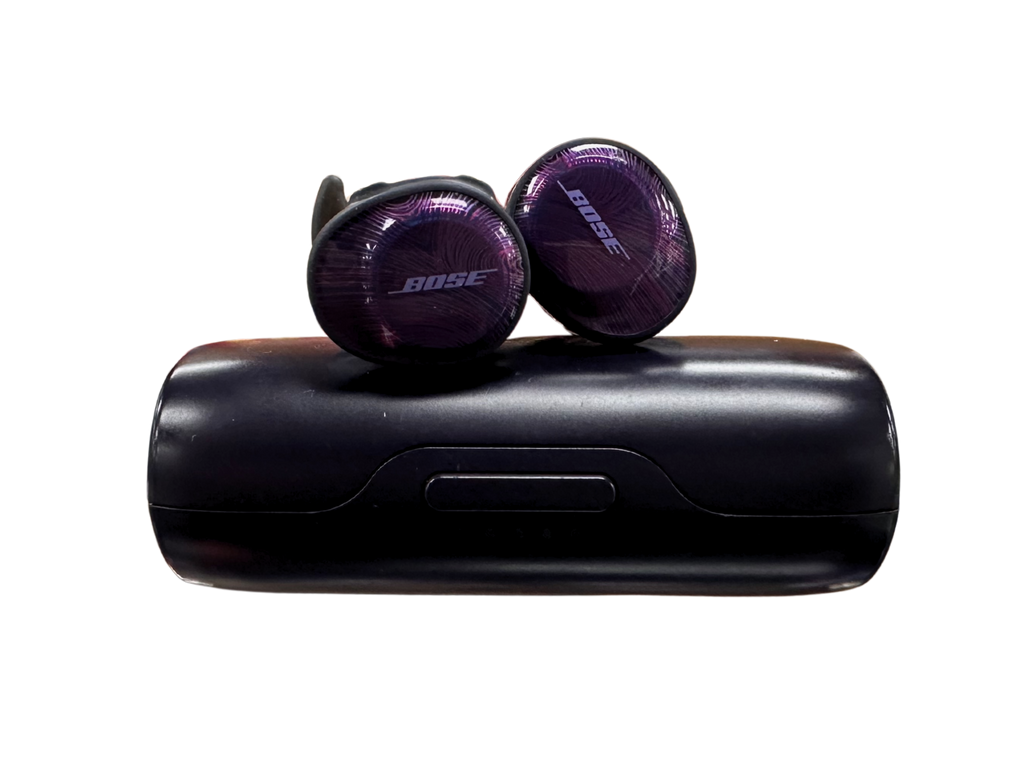 Bose wireless earbuds with black case on a white background