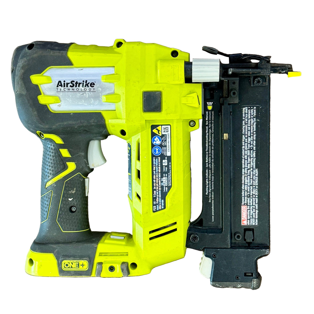 RYOBI ONE+ AirStrike 18V 18-Gauge Cordless Brad Nailer w/ Battery (P320) Yellow and black nail gun on a wooden surface