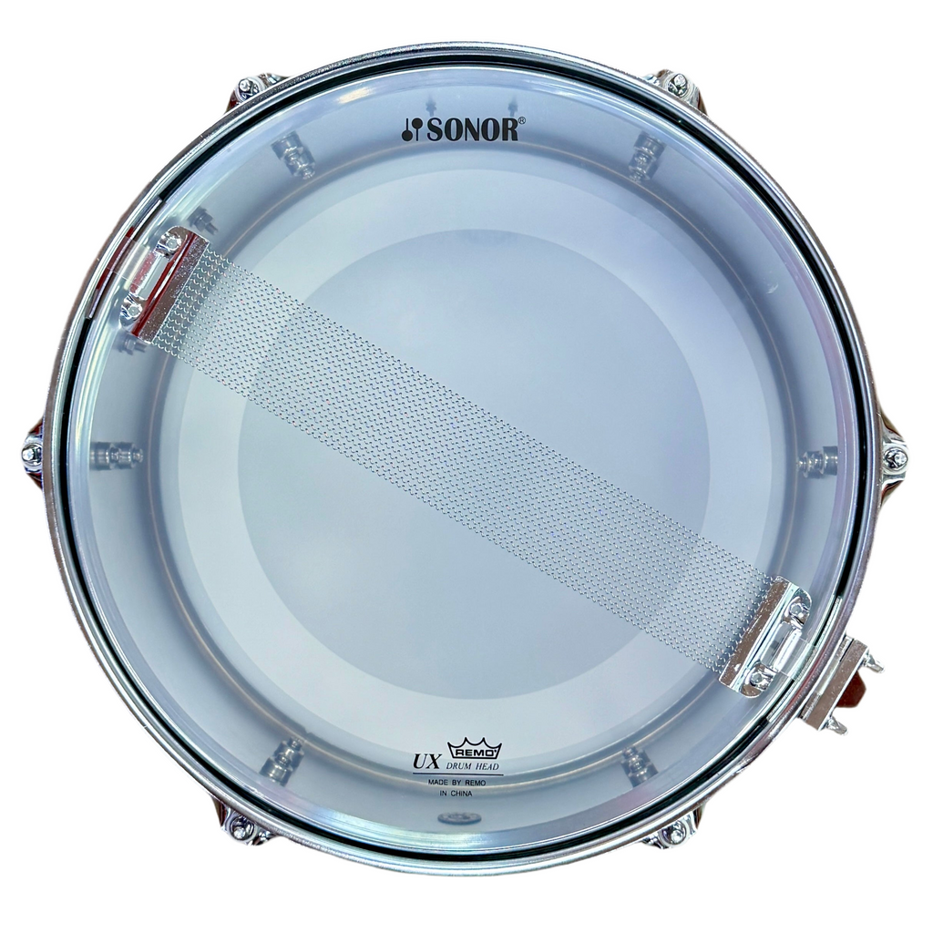 SONOR MARTINI Steel Shell Snare Drum w/ Aquarian Studio-X & REMO UX Drum Heads Clear drum head with Sonor branding on a white background