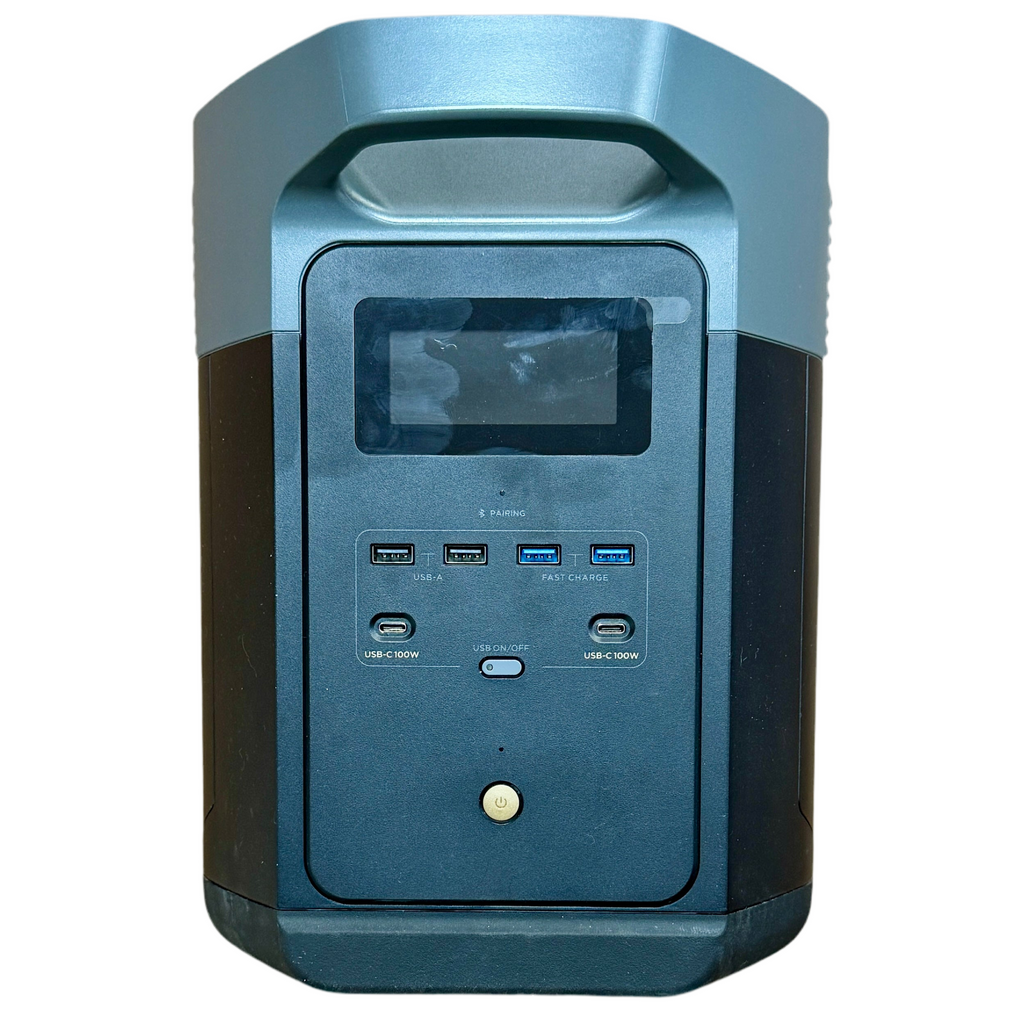 EcoFlow DELTA 2 Max Portable Solar Generator Power Station w/ Solar Panel Blue and black power station with multiple ports on a white background