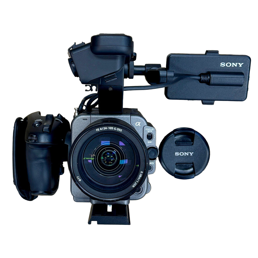 Sony Cinema Line ILME-FX6V Full-Frame Cinema Camera w/ FE 4/24-105 G OSS Lens, Headphones, & Accessories Sony camera on a wooden surface