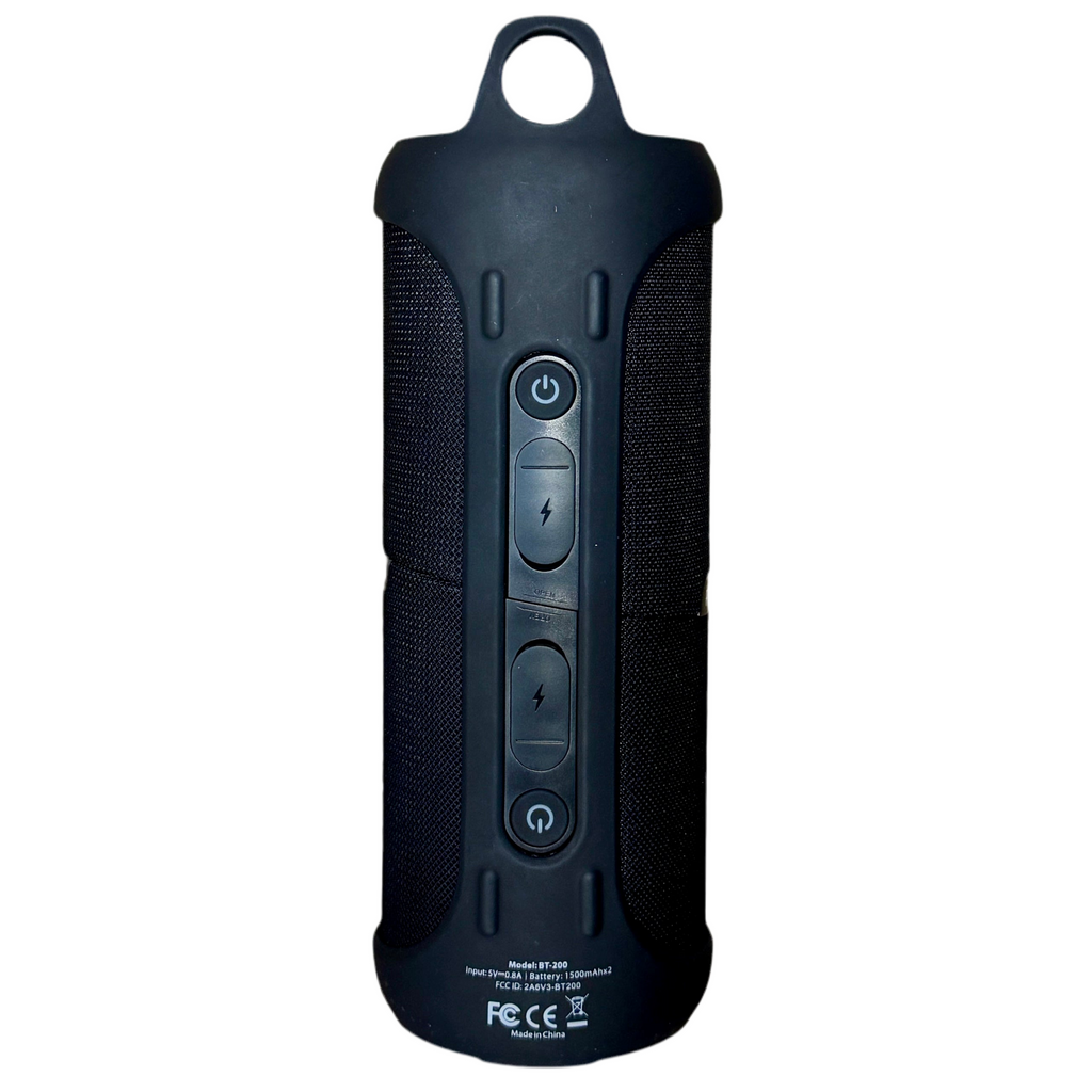 PowerBass SPLIT BT-200 IPX7 Portable Bluetooth Speaker Black portable speaker with control buttons on a white background