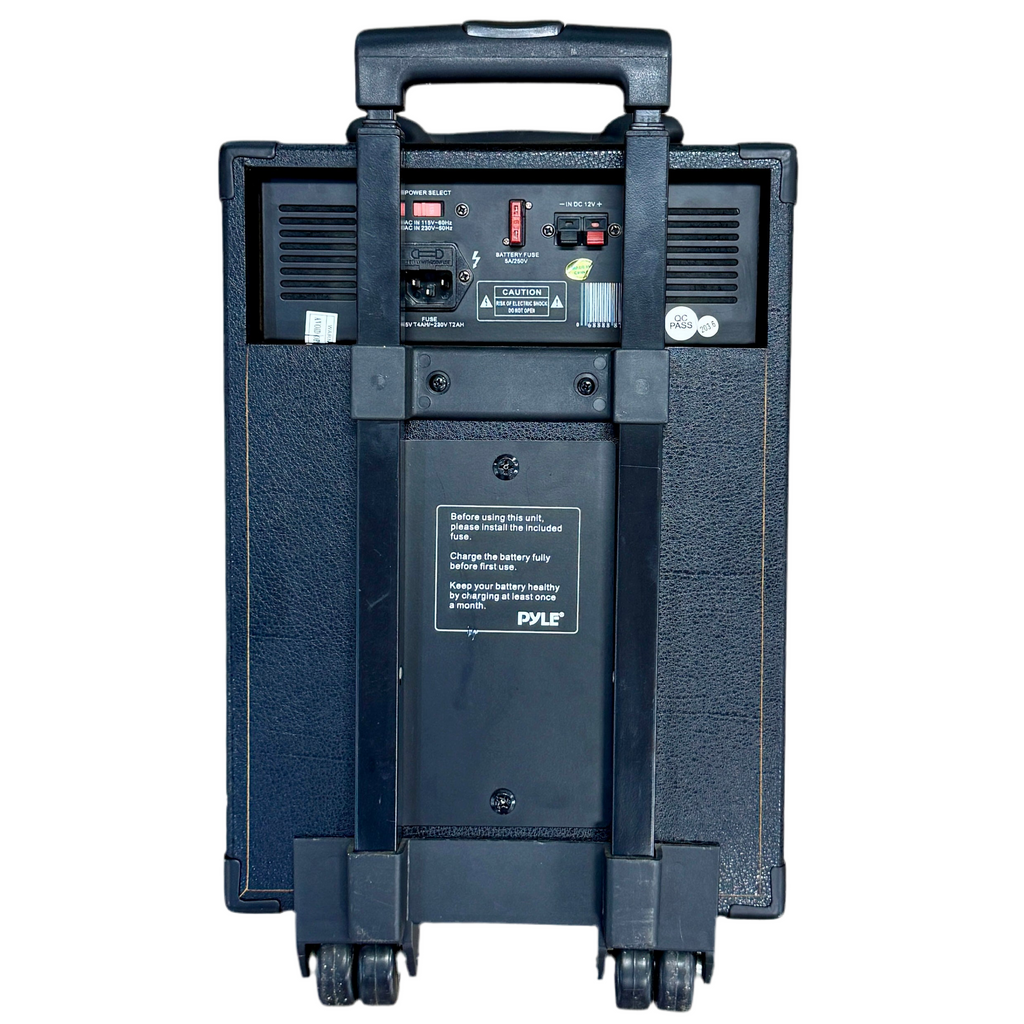 PYLE PWMA230 Wireless Portable Pro Audio PA System Black portable power station with wheels on a white background