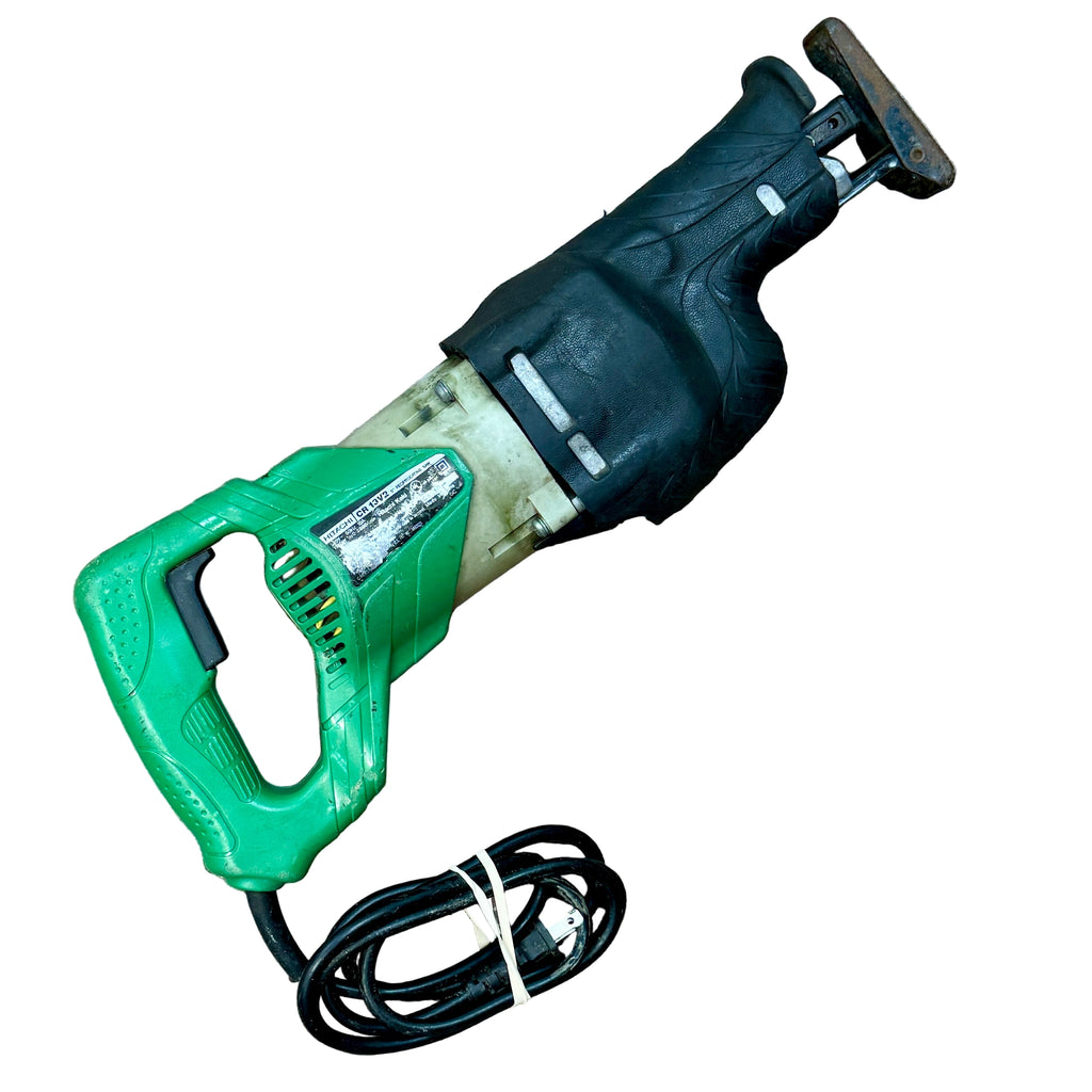 Hitachi 10-Amp 1-1/8" Stroke Corded Variable Speed Reciprocating Saw (CR13V2) Green and black reciprocating saw on a wooden floor