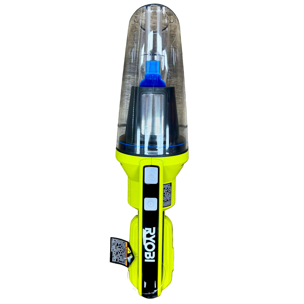 RYOBI ONE+ 18V Cordless Wet/Dry Hand Vacuum (PCL702) Yellow and black tool with blue light on a wooden floor