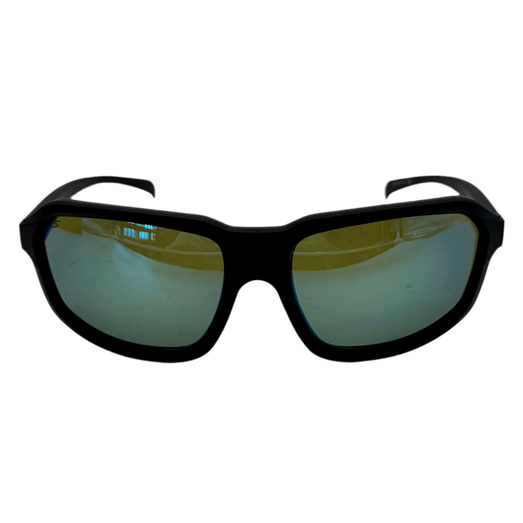 Serengeti Sport HEXT Saturn Polarized Sunglasses - Matte Black Frame w/ Blue Lenses (SS571003) Black sunglasses with reflective lenses on a white background