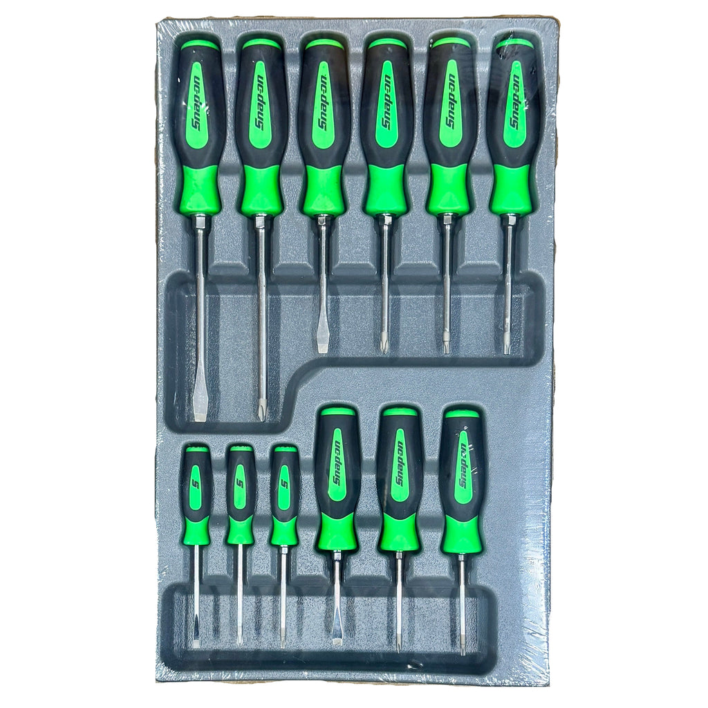 Snap-On 12-Piece Soft Grip Combination Screwdriver Set - Green (SGDXW120BG) Set of screwdrivers with green handles in a clear plastic case on a wooden surface
