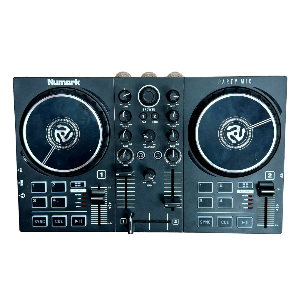 Numark Party Mix II DJ Controller with Built-In Light Show Numark Party Mix DJ controller on a wooden floor