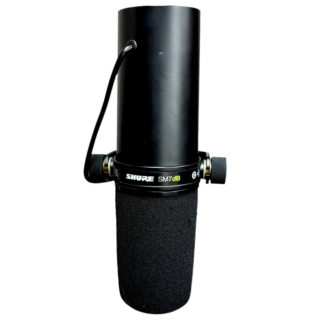 SHURE SM7dB Dynamic Vocal Microphone w/ Built-In Preamp Black Shure SM7B microphone on a white background