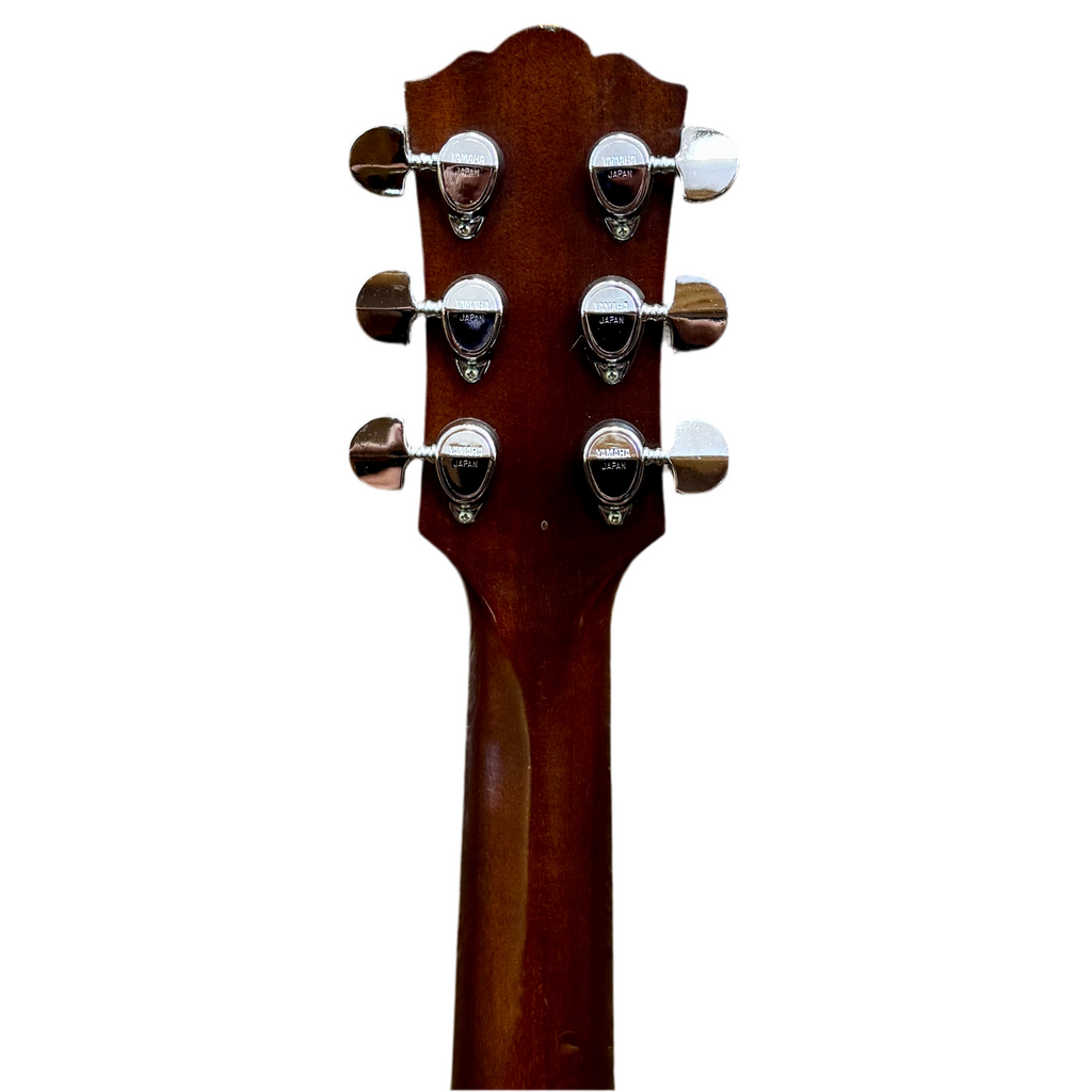 Yamaha CJ-818SB Jumbo Acoustic Guitar w/ Soft Case Wooden guitar headstock with tuning pegs on a white background