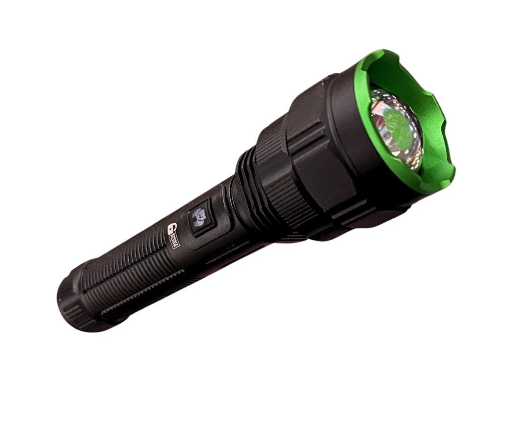 Black flashlight with green accents on a white background