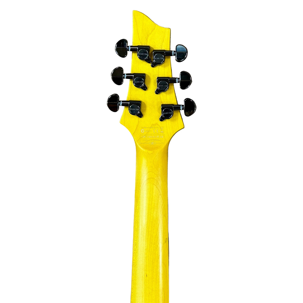 Schecter Diamond Series DEMON-6 Electric Guitar Yellow guitar neck with tuning pegs on a white background