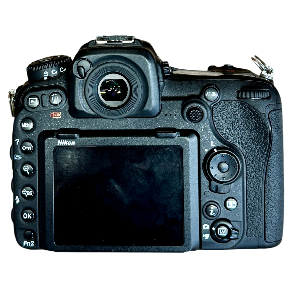 Nikon D500 DX-Format Digital SLR Camera w/ Nikon AF-S DX NIKKOR 18-300mm f/3.5-6.3G ED VR Lens Nikon camera back on a white background