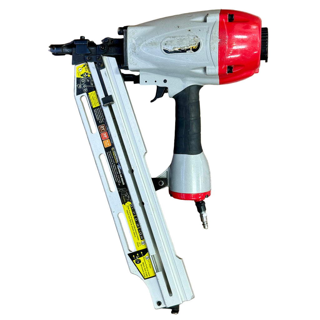 CENTRAL PNEUMATIC 3-in-1 3-1/4" Pneumatic Framing Nailer (64141) Pneumatic nail gun with red and gray design on a white background