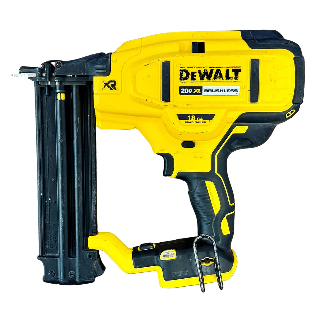 DeWalt 20V MAX XR 18-Gauge 2-1/8" Brushless Cordless Brad Nailer w/ Battery (DCN680) DeWalt nail gun on a wooden surface